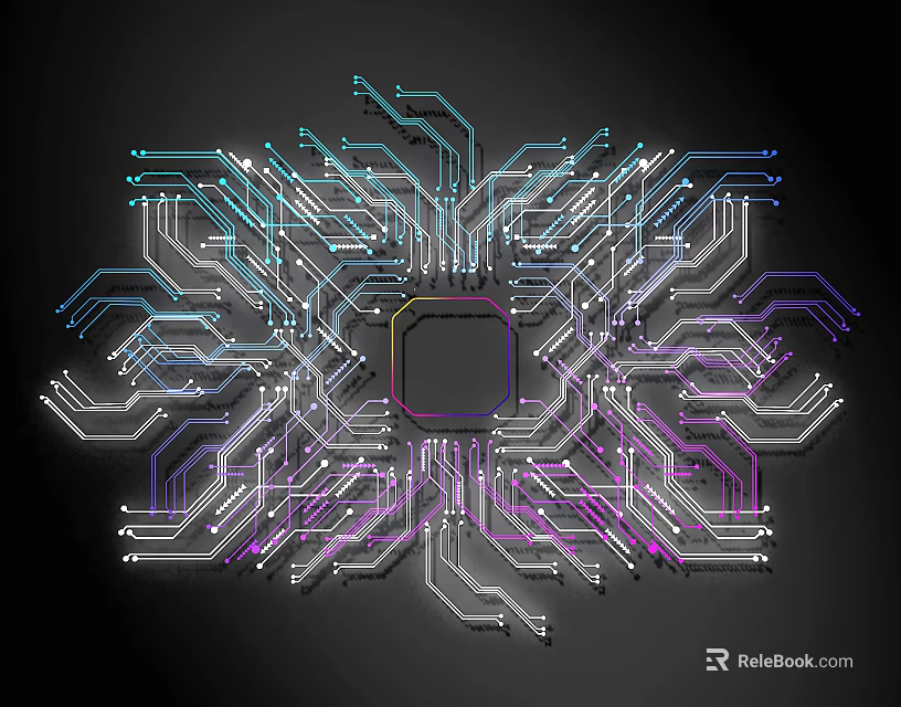 Electronic Circuit Lines In Multicolored Interconnected Radial Pattern With Central Square On Dark Background 3d model 