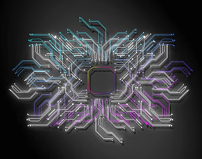 Electronic Circuit Lines In Multicolored Interconnected Radial Pattern With Central Square On Dark Background 3d model