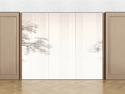 White Background Wall with Tree Branch Pattern Flanked by Wooden Cabinets and Herringbone Wood Flooring 3d model