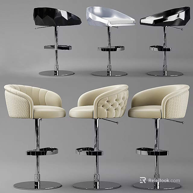 Modern Beige Leather Bar Stools With Round Backrest And Metal Base Design 3d model
