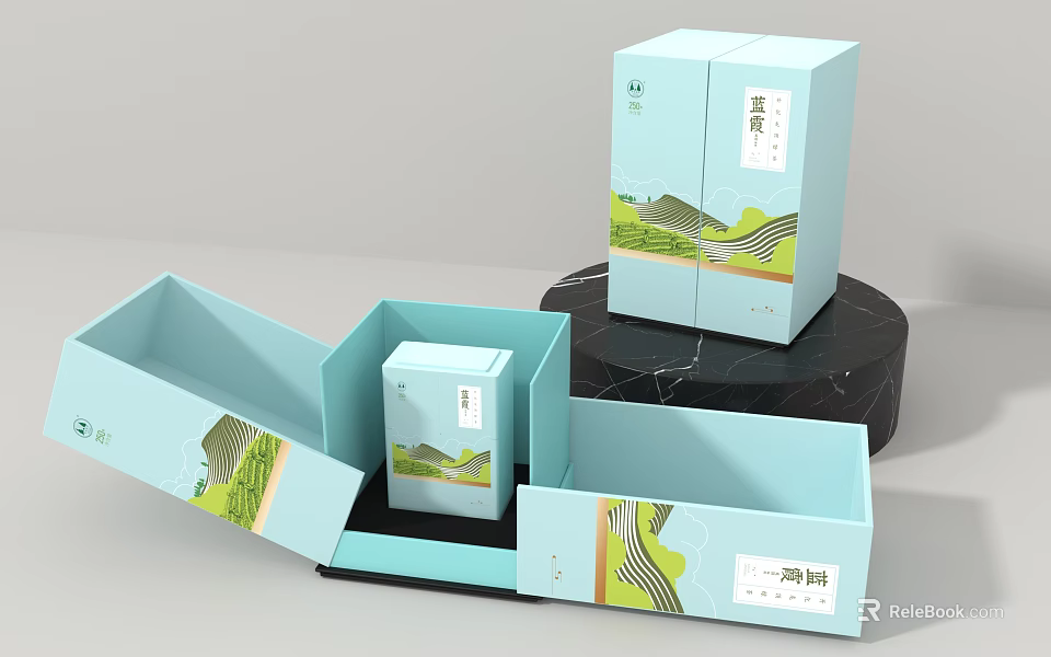 Elegant Tea Gift Box Ornament Display Combination With Light Blue Cases And Green Patterns 3d model 