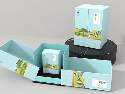 Elegant Tea Gift Box Ornament Display Combination With Light Blue Cases And Green Patterns 3d model