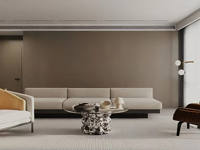 Modern Minimalist Living Room Interior With Beige Sofa Round Coffee Table Armchair And Neutral Rug 3d model