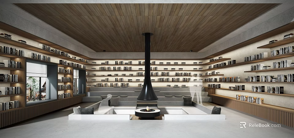 Book Art Library Space With Wooden Ceiling Bookshelves Black Chimney Fireplace And Sofa Seats 3d model 