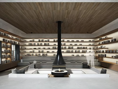 Book Art Library Space With Wooden Ceiling Bookshelves Black Chimney Fireplace And Sofa Seats 3d model