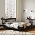 Double Bed with Black Wooden Headboard White Pillows Geometric Cushion Bedside Table Lamp Window Curtains