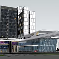 Modern Commercial Complex With High Rise Architecture Ground Floor Retail Plaza And Green Areas