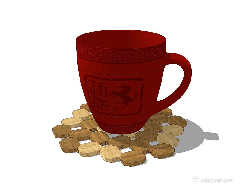 Red Patterned Mug with Mid Autumn Design on Wooden Blocks Base 3d model 