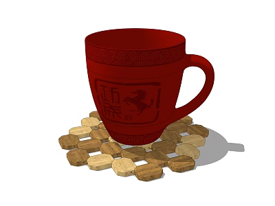 Red Patterned Mug with Mid Autumn Design on Wooden Blocks Base 3d model