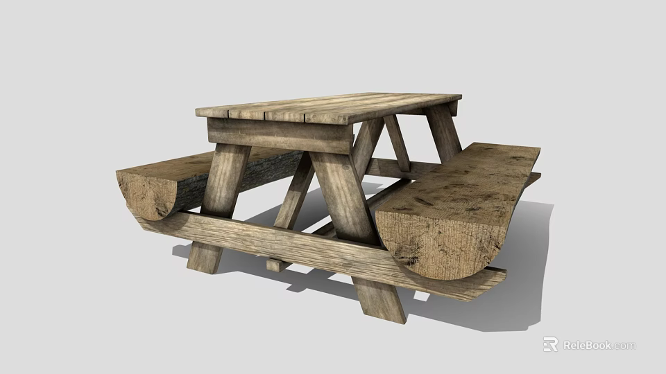 Rustic Wooden Outdoor Picnic Table With Benches And Natural Wood Grain 3d model 
