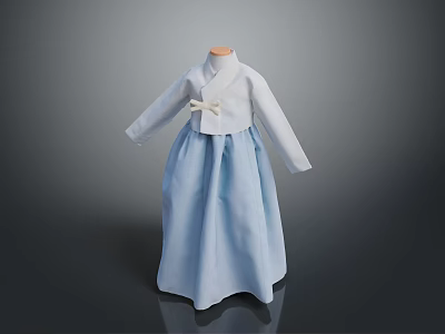 Elegant Traditional Korean Hanbok Clothing Light Blue White With Bow Decoration 3d model