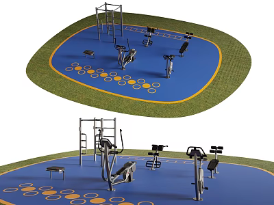 Outdoor Sports Equipment In Public Fitness Area With Blue Surface Green Border And Yellow Markings 3d model