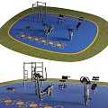 Outdoor Sports Equipment In Public Fitness Area With Blue Surface Green Border And Yellow Markings