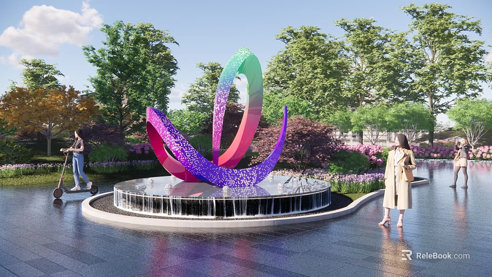 Colorful Metal Sculpture Abstract Spiral Design In Outdoor Garden With Water Fountain And Trees 3d model 