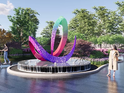 Colorful Metal Sculpture Abstract Spiral Design In Outdoor Garden With Water Fountain And Trees 3d model