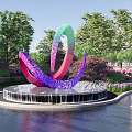 Colorful Metal Sculpture Abstract Spiral Design In Outdoor Garden With Water Fountain And Trees