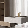 Modern Bathroom Vanity With Wooden Slatted Doors Open Shelves And White Countertop