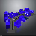 Modern Urban 3D Building Model Featuring Blue Structures And Road Layout Design