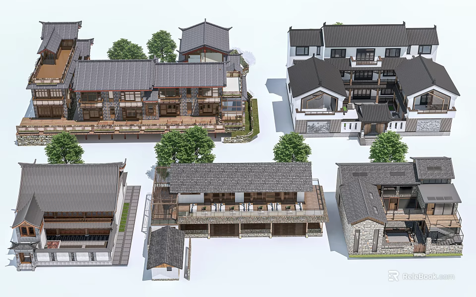 Traditional Homestay Buildings with Tile Roofs Multi Story Wooden Structures and Courtyard Surrounded by Trees 3d model 