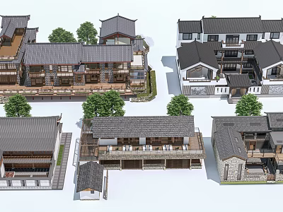 Traditional Homestay Buildings with Tile Roofs Multi Story Wooden Structures and Courtyard Surrounded by Trees 3d model