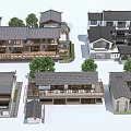 Traditional Homestay Buildings with Tile Roofs Multi Story Wooden Structures and Courtyard Surrounded by Trees