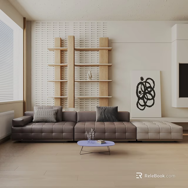 Modern Living Room With Grey Leather Three Seater Sofa Coffee Table Wooden Shelves Abstract Painting 3d model 