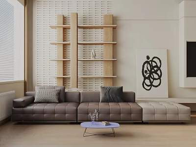 Modern Living Room With Grey Leather Three Seater Sofa Coffee Table Wooden Shelves Abstract Painting 3d model