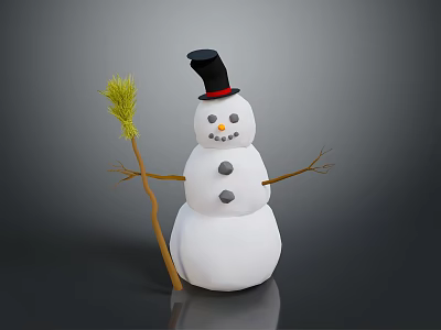 Snowman Figure With Black Top Hat Red Brim Stick Arms Orange Carrot Nose And Broom 3d model