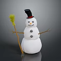 Snowman Figure With Black Top Hat Red Brim Stick Arms Orange Carrot Nose And Broom