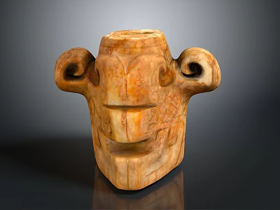 Ancient Style Handcrafted Stone Head Sculpture With Double Ear Protrusions And Textured Surface 3d model