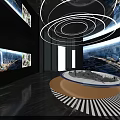 Modern Exhibition Hall Interior With Circular Display Table Cityscape Screens And Circular Lighting