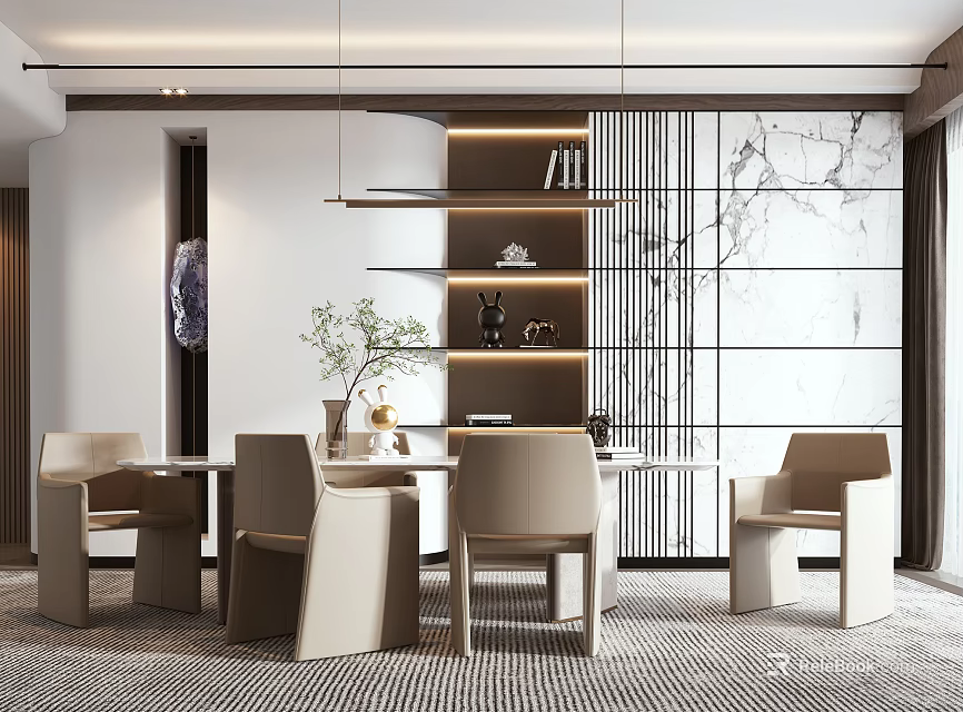 Modern Luxury Restaurant Interior With Dining Table Chairs Marble Backdrop Pendant Lights And Greenery 3d model 