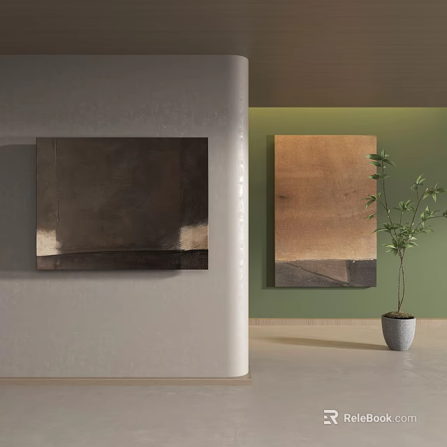Abstract Paintings On Light And Green Walls With Potted Plant Decor 3d model 