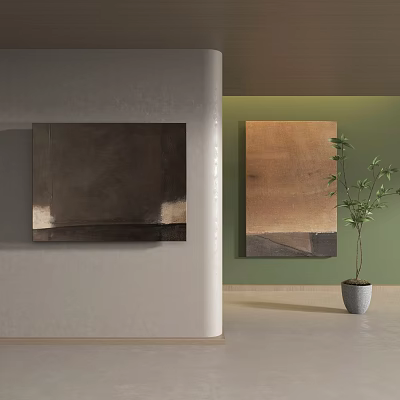 Abstract Paintings On Light And Green Walls With Potted Plant Decor 3d model
