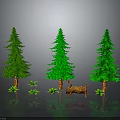 Three Green Pine Trees With Small Plants On Dark Reflective Background 3d model