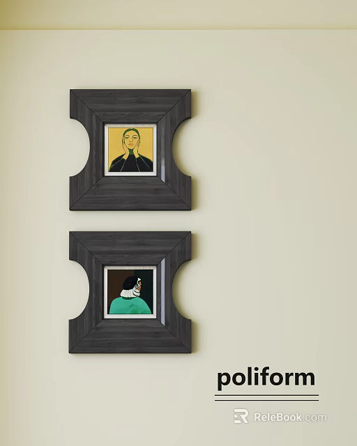 Two Black Framed Portrait Paintings Hanging On Light Colored Wall 3d model