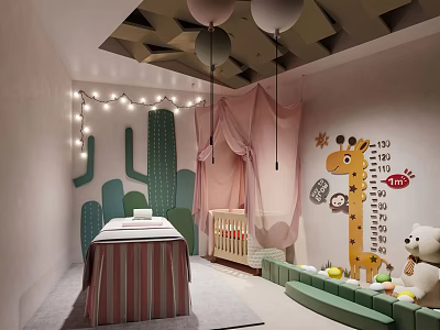 Children SPA Room With Giraffe Height Chart Pink Curtains And Cactus Decor 3d model