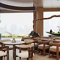 Modern Tea House Interior With Round Tables Wooden Chairs And City View Windows
