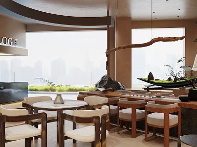 Modern Tea House Interior With Round Tables Wooden Chairs And City View Windows 3d model