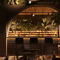 Dark Toned Bar Interior With Various Seating Green Plant Decor Soft Lighting And Wall Murals