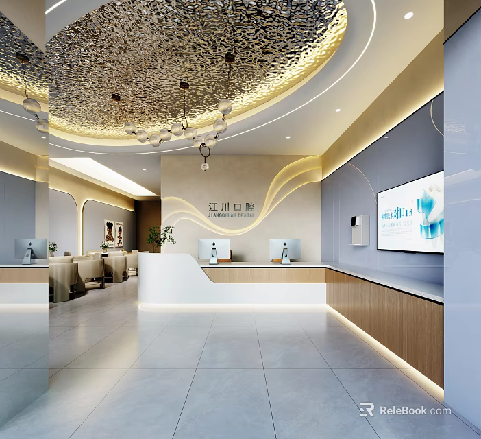 Modern Hospital Outpatient Clinic Lobby Interior With Reception Desk Chandelier And Display Screen 3d model 