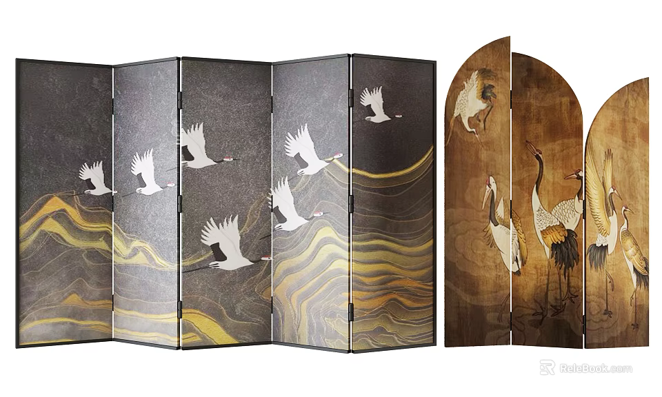 Oriental Wooden Folding Screen With White Crane And Wave Patterns Design 3d model