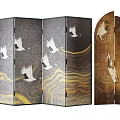 Oriental Wooden Folding Screen With White Crane And Wave Patterns Design 3d model
