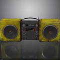 Vintage Yellow Electronic Boombox Appliance Featuring Rusty Speakers and Retro Design
