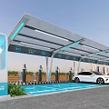 Commercial EV Charging Station with Canopy Multiple Charging Piles White Car and Green Plants