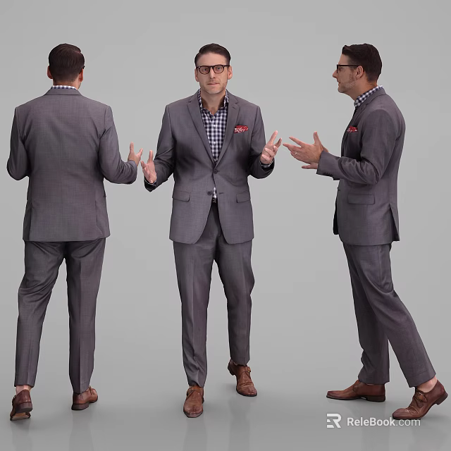 Man In Gray Suit Displaying Different Poses From Front Back And Side Angles 3d model 