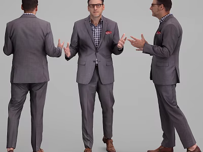 Man In Gray Suit Displaying Different Poses From Front Back And Side Angles 3d model
