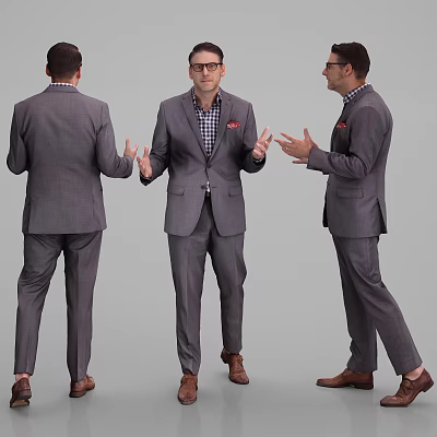 Man In Gray Suit Displaying Different Poses From Front Back And Side Angles 3d model