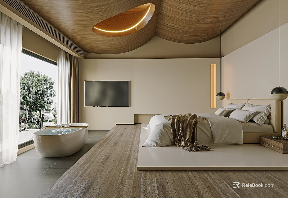 Modern Hotel Room With Curved Wooden Ceiling King Bed Bathtub And Floor To Ceiling Window 3d model 