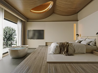 Modern Hotel Room With Curved Wooden Ceiling King Bed Bathtub And Floor To Ceiling Window 3d model